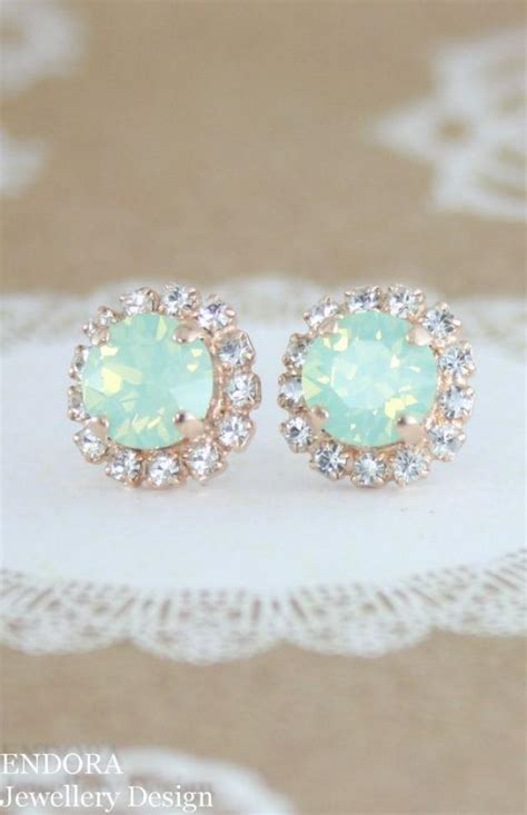 Mint Opal Earrings Mint Crystal Stud Earrings Mint Bridesmaid Earrings