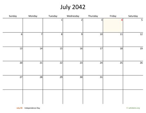 July 2042 Calendar With Bigger Boxes