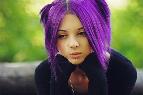 Wallpaper Model Long Hair Purple Blue Black Hair Piercing