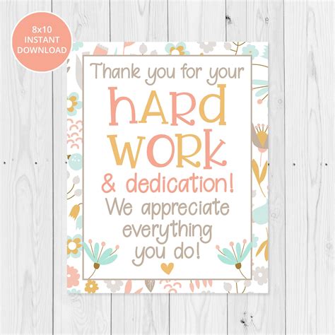 Floral Thank You For Your Hard Work 8x10 Printable Sign Etsy