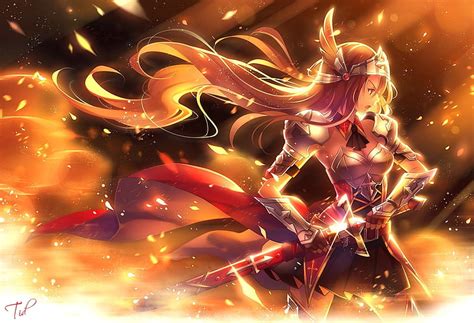 Anime Original Armor Blonde Girl Long Hair Sword Woman Warrior