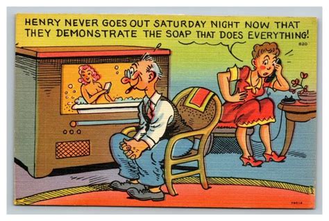 Vintage 1940 S Comic Postcard Old Man Watching Risqué Sexy Television Show Funny Topics