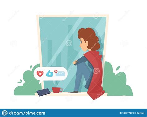 Sad Woman On Windowsill Social Media Addiction No Messages
