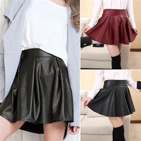 womens girls black faux leather mini skirt high waist pleated skater flared ebay