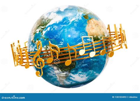 Earth Globe With Musical Notes Around 3d Rendering Stock Illustration
