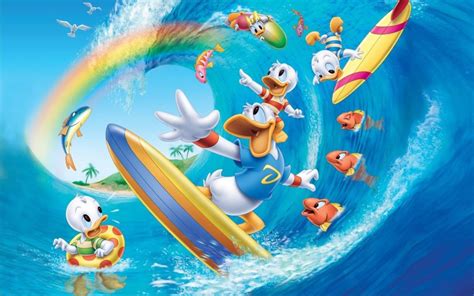 Walt Disney Donald Duck Summer Surf Beach Sea Fish Cartoon