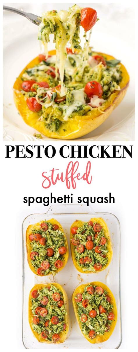 Easy Pesto Chicken Stuffed Spaghetti Squash Haute And Healthy Living