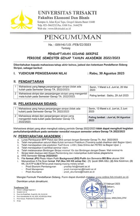 Pengumuman Pendaftaran Sidang Skripsi Semester Genap 2022/2023 - Prodi