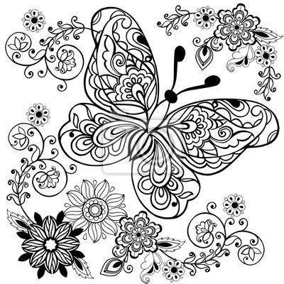 Ręcznie rysowane kwiaty i motyle dla antystresowe kolorowanki ...