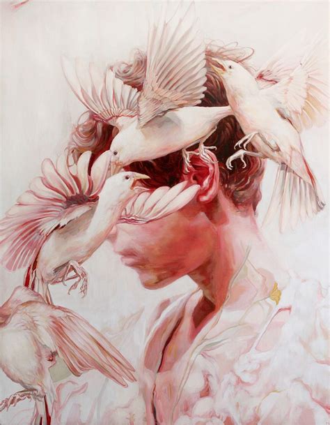 A Painting Of A Woman With Birds Flying Over Her Head And Hands In