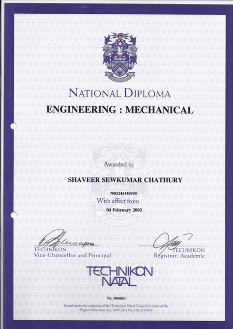Admission process for diploma in mechanical engineering. National Diploma Certificate