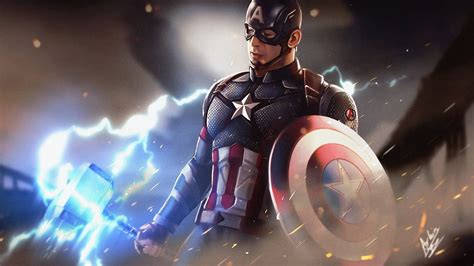 Captain America Holding Thors Hammer Hd Wallpaper Hintergrund