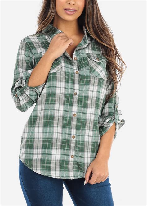 Moda Xpress Womens 3 4 Sleeve Shirt Button Up Flannel Plaid Green White Top 40237e Walmart