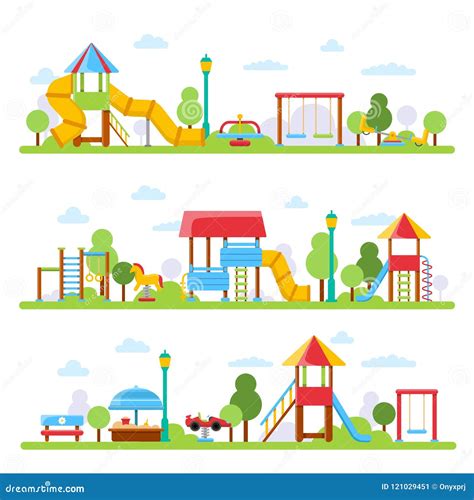 Horizontal Illustrations With Various Views Of Children Playground In