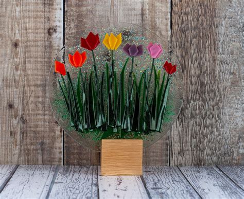 Tulip Flower Fused Glass Plate Spring Summer Flowers Floral Art With A Oak Wood Tea Light Base