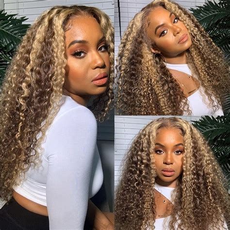 Kriyya Curly Hair Honey Blonde Ombre Highlight Wigs 13x4 Lace Front
