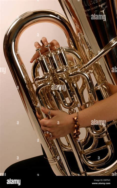 Tuba Close Up Woman Playing Demonstrating Practising Stock Photo