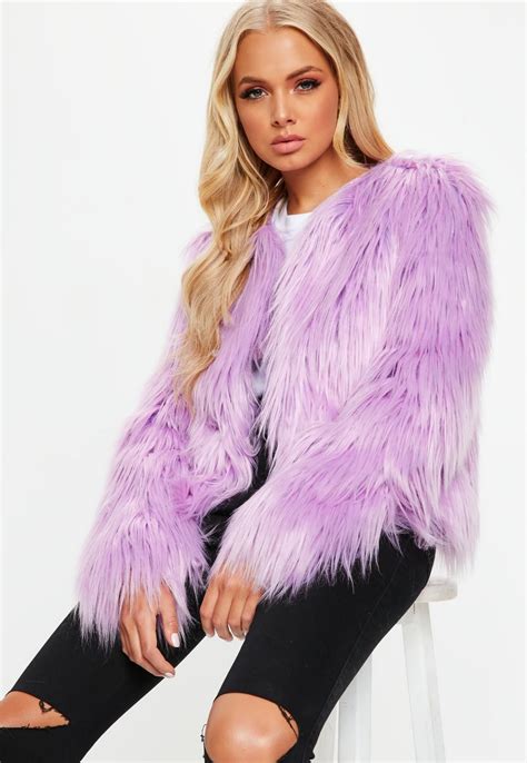 Missguided Lilac Collarless Shaggy Coat Shaggy Faux Fur Coat Bratz