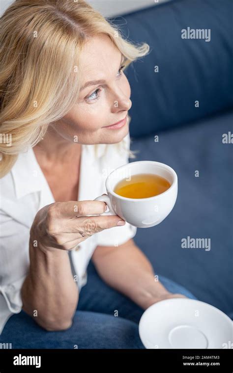 Modern Attractive Caucasian Businesswoman Drinking Herbal Tea Stock