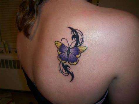 Purple Color Butterfly Tattoo On Right Back Shoulder For