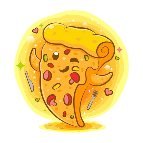 Personnage De Dessin Animé Kawaii Pizza Savoureuse Vecteur Premium