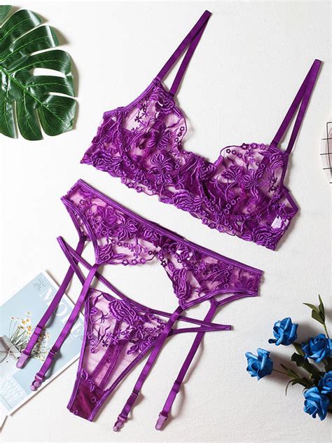 lingerie bras for women purple polyester lace sheer sexy lingerie 3 piece set