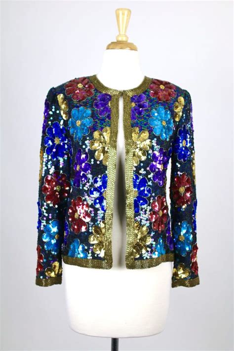 Vintage Sequin Jacket Floral Blue Colorful Retro Etsy Vintage