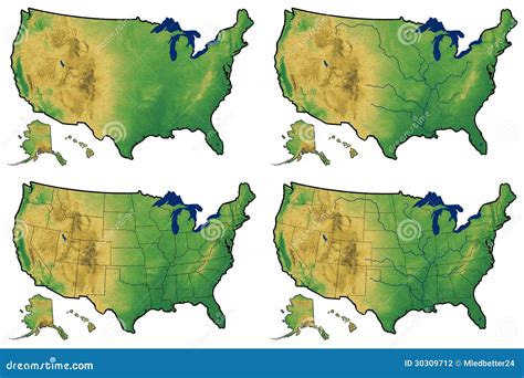 Four Versions Of Physical Map Of United States Stock Illustration