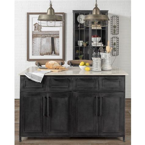Constructed from metal, it incorporates two slated shelves and two solid shelves for storage. Black Metal Marble Top Kitchen Island | Belle Escape ...