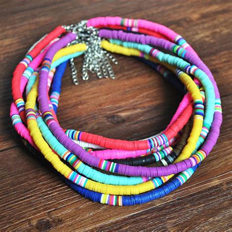 6mm Boho Colorful Polymer Clay Choker Necklace Flat Round Beaded