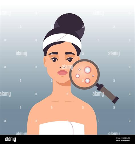 Woman Having Facial Skin Problems Girl Using Magnifier To Find Acne On