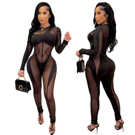 Echoine Women Mesh See Through Patchwork Long Sleeve Jumpsuit Winter Spring Sexy Party Clubwear