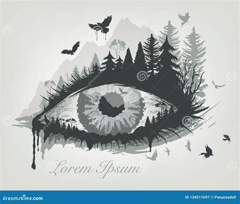 Eye And Forest With Flying Birds Trees Stock Illustration