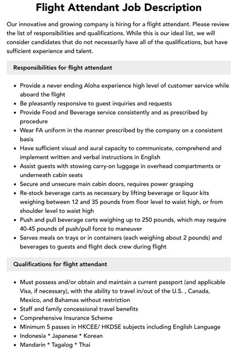 Flight Attendant Job Description Velvet Jobs