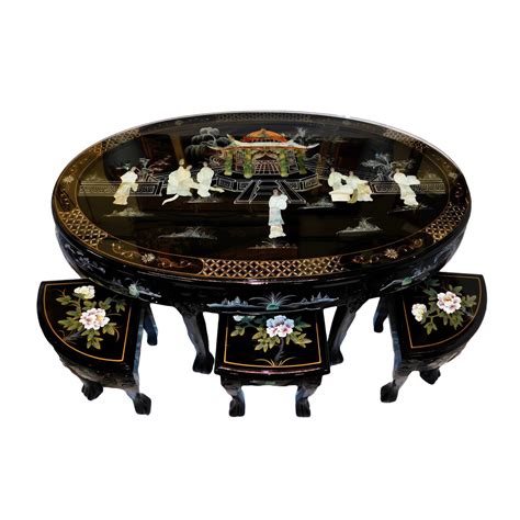 Oriental Coffee Table In Black Lacquer With Inlaid Mother Of Pearl With