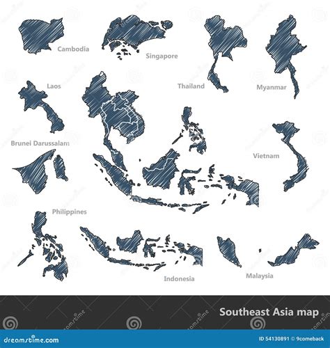 Southeast Asia Map Hand Drawn Cartoon Style Vector Illustration