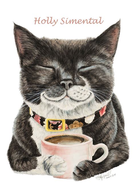 Purrfect Morning Cat With Her Coffee Cup Watercolor Painting Etsy