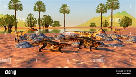 A Coelophysis Hunting Pack Surround Two Desmatosuchus Armored Dinosaurs