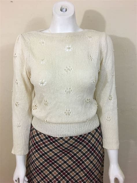 Vintage 1980s Sweater Cream Silk Angora Blend Feminine Pulloverpuffy Sleeves Pearl Accents
