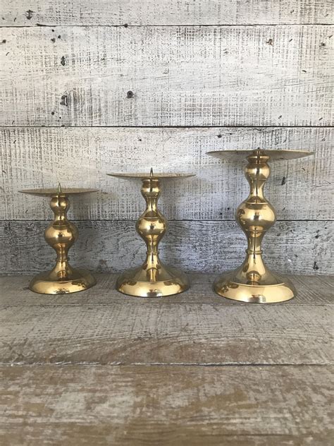 Brass Pillar Candle Holder Set Of 3 Brass Candle Holders Brass Etsy