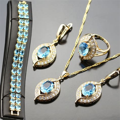Stylish Jewelry Set For Women White Zircon Blue Crystal Gold Color