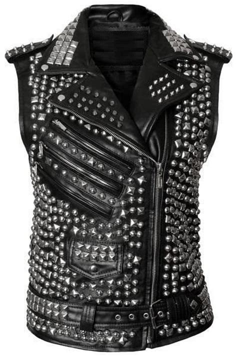 Women Silver Studded Black Punk Leather Vest Multi Style Studs Etsy