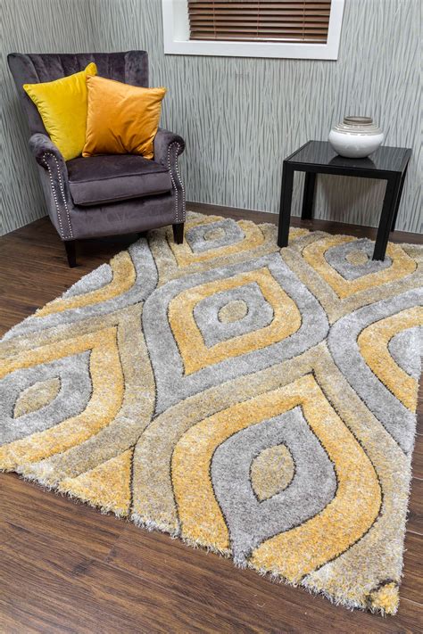 Yellow Grey Living Room Rug Super Soft Mat 3d Modern Design Etsy Uk