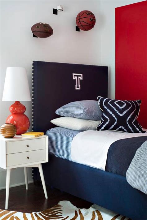 Blue and red boys bedroom. Red and Blue Boys Bedroom with Navy Monogram Headboard ...