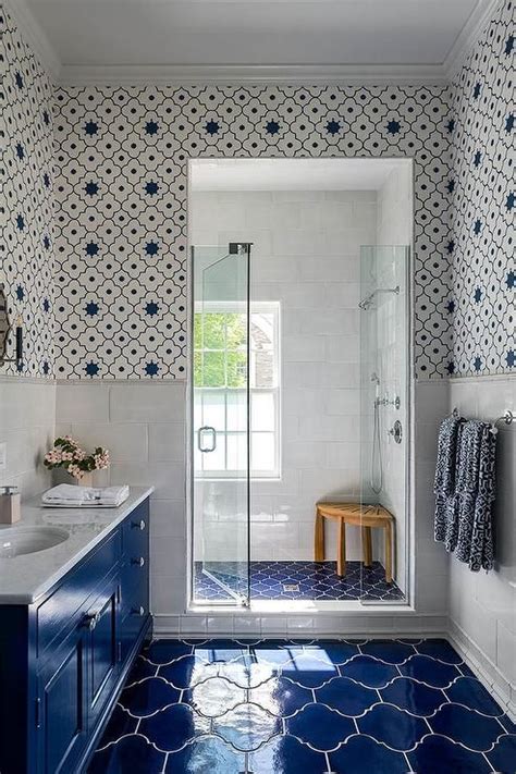 Blue Moroccan Style Bath Floor Tiles With Blue Washstand Contemporary