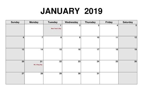 January 2019 Monthly Calendar Template