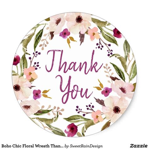 Boho Chic Floral Wreath Thank You Round Sticker Zazzle