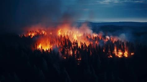 Premium Ai Image Night Forest Fire Burning Pine Trees Aerial View