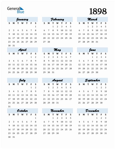Free 1898 Calendars In Pdf Word Excel