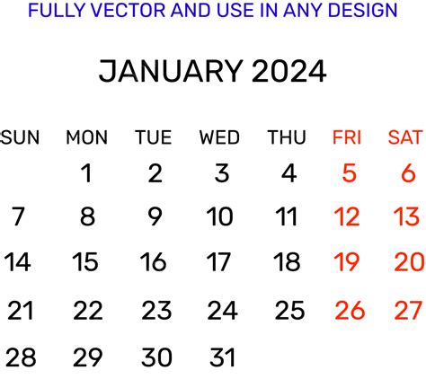 Elemen Vektor Desain Kalender Bulan Januari 2024 Untuk Penggunaan